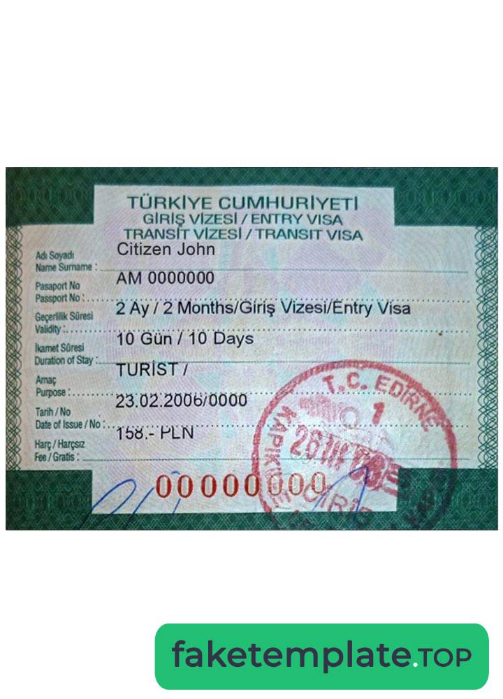 Feature of fake TURKEY entry visa example